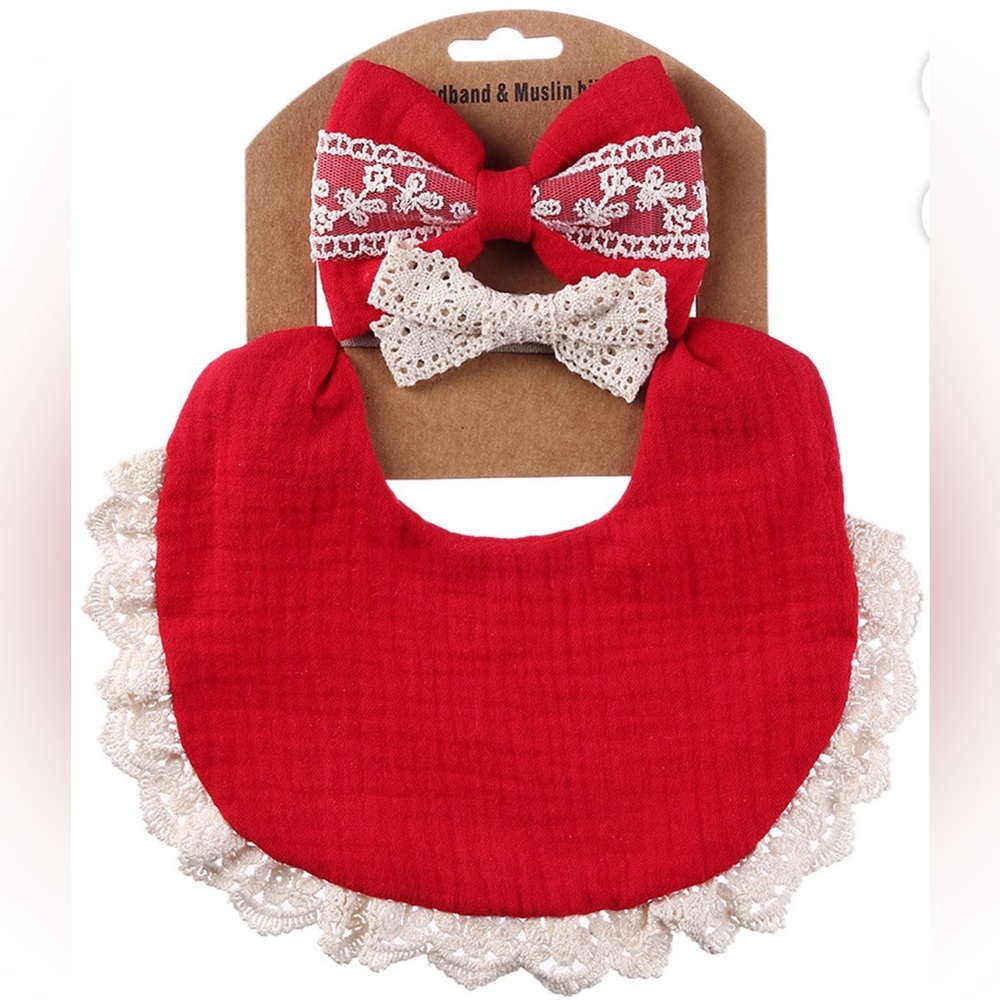 #11 RED MUSLIN COTTON BIB & HEADBANDS INFANT SET